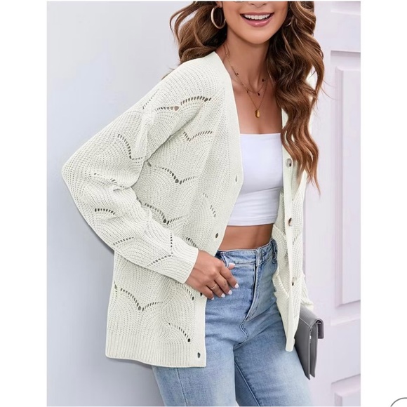 NWT Fashion Cream Lightweight Button- Up Crochet Long Sleeves Cardigan Sweater - Picture 2 of 10